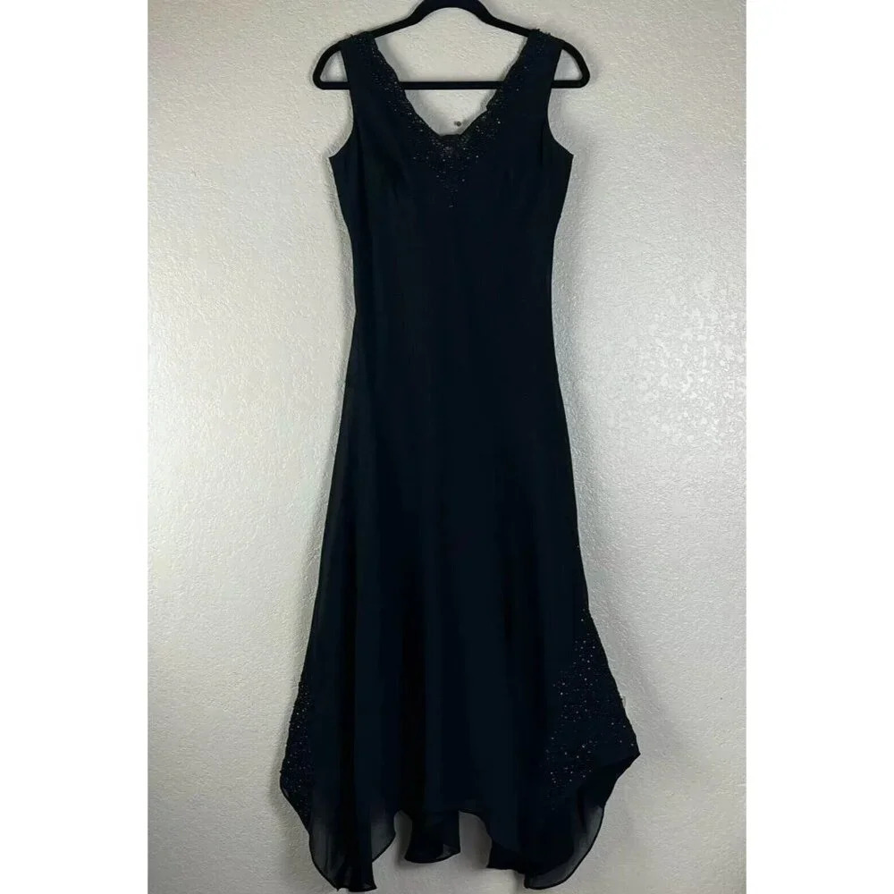 Together Dress Sz 4 Fit & Flare Maxi Sleeveless Handkerchief Hem Cocktail Black